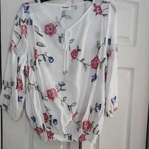 Kindred White Floral Tie-Front Blouse with Pink & Blue Embroidery